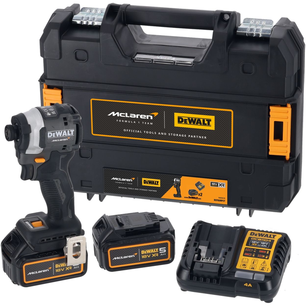 Шуруповерт DEWALT McLaren Limited Edition DCF85MP2T, 18 В, 205 Нм, 3800 уд/мин, с 2 АКБ 5 Ач и ЗУ, в кейсе TSTAK (DCF85MP2T-QW)