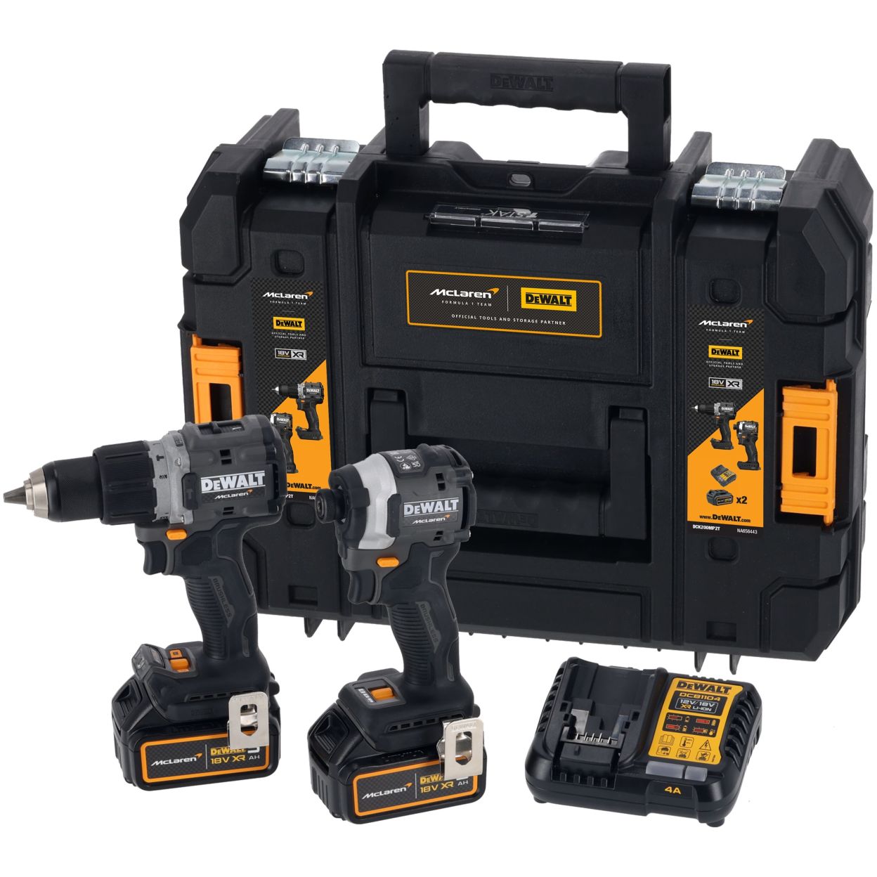 Аккумуляторный набор DEWALT McLaren Limited Edition DCK200MP2T: дрель-шуруповерт + шуруповерт, с 2 АКБ 5 Ач и ЗУ, в кейсе TSTAK